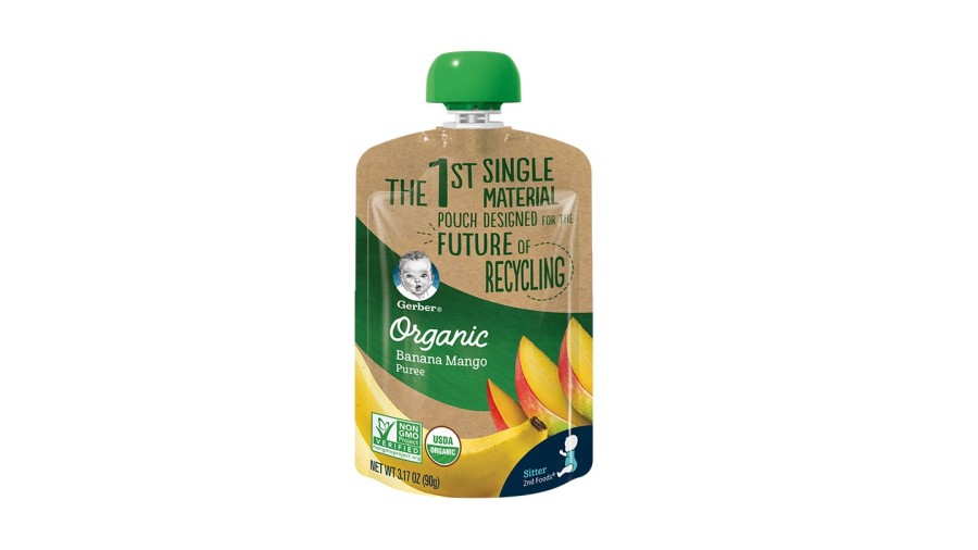 single material layered baby food pouch, single material layered, baby food pouch, go beyond packaging, pouch designed a single-material